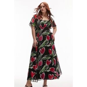 Topshop Black Maxi Dress with Red and Green Floral Design